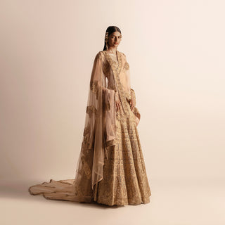full length of Women's gold embellished bridal lehenga set with organza dupatta and intricate embroidery – luxury handcrafted ensemble, luxury Indian wear