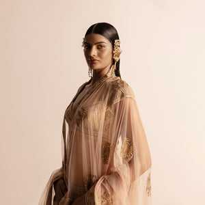 Women's golden embroidered bridal blouse with sheer dupatta – regal handcrafted detailing for ceremonial wear, gold detailing, ceremonial outfit, Indian couture