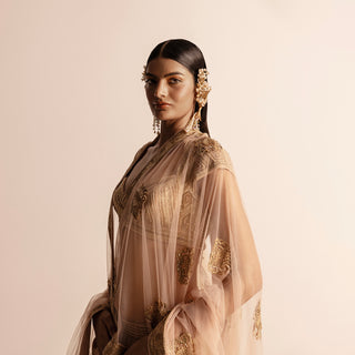 Women's golden embroidered bridal blouse with sheer dupatta – regal handcrafted detailing for ceremonial wear, gold detailing, ceremonial outfit, Indian couture