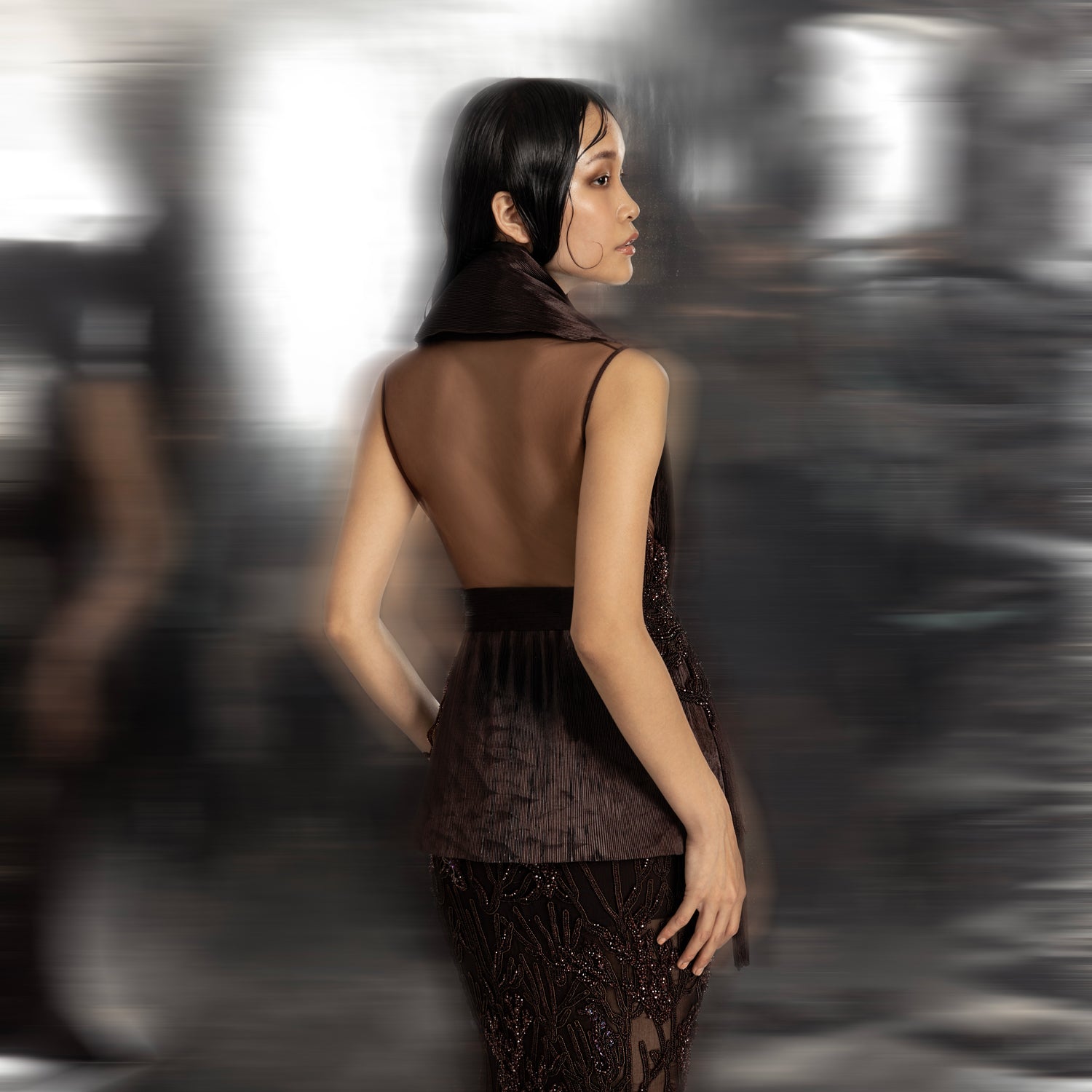 upperback view Women's brown mesh-back couture gown with textured collar and beaded skirt – designer eveningwear for red carpet events