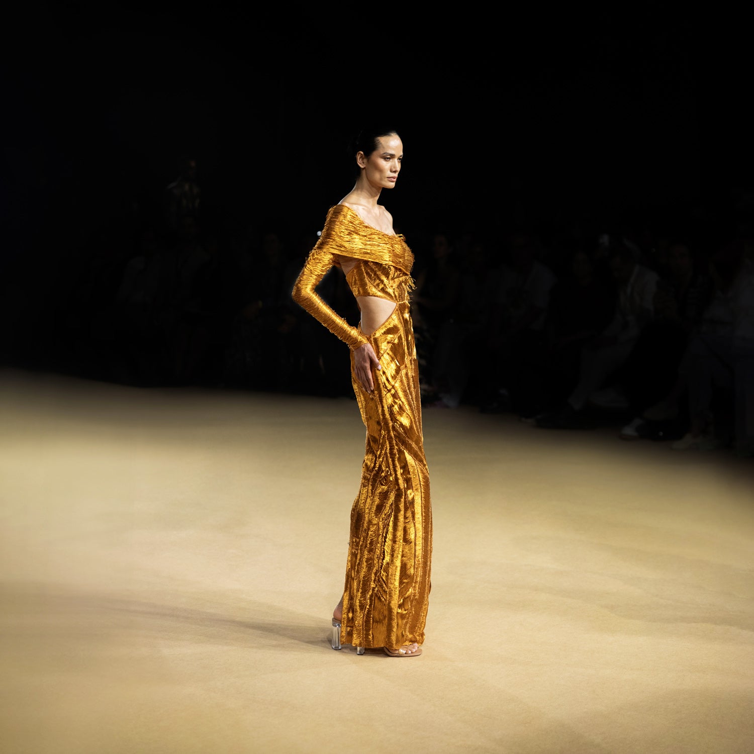 Flame-inspired metal yarn dress – avant-garde designer gown, metallic cocktail dress, red carpet look