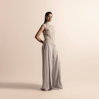 Fluted pearl embellished high collar top and chiffon quilted trousers – refined coordinated look, designer top and trouser