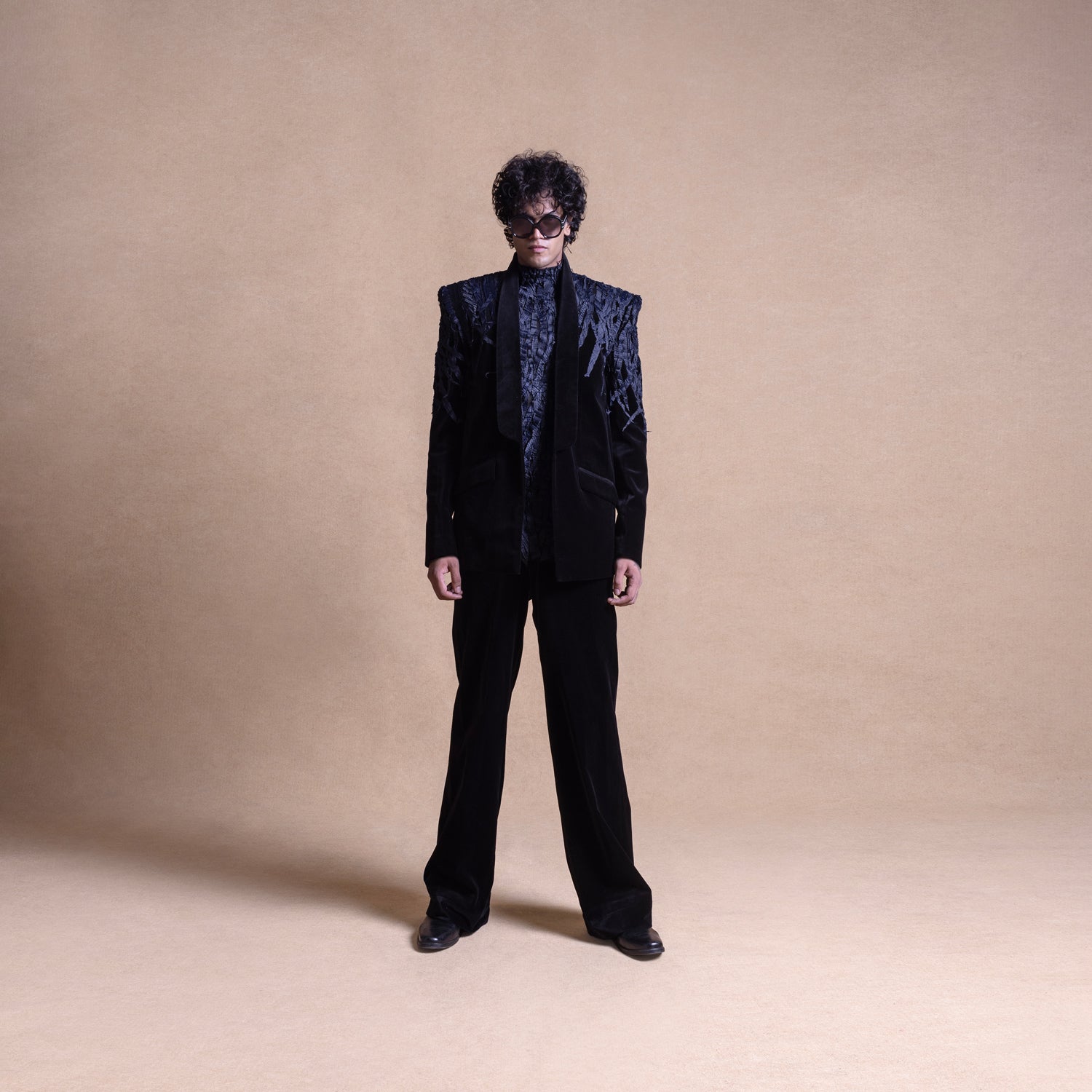 Men's black velvet suit with sculpted textured embroidery – full body view Tuxedo, cocktail suit, menswear