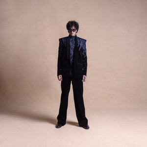 Men's black velvet suit with sculpted textured embroidery – full body view Tuxedo, cocktail suit, menswear