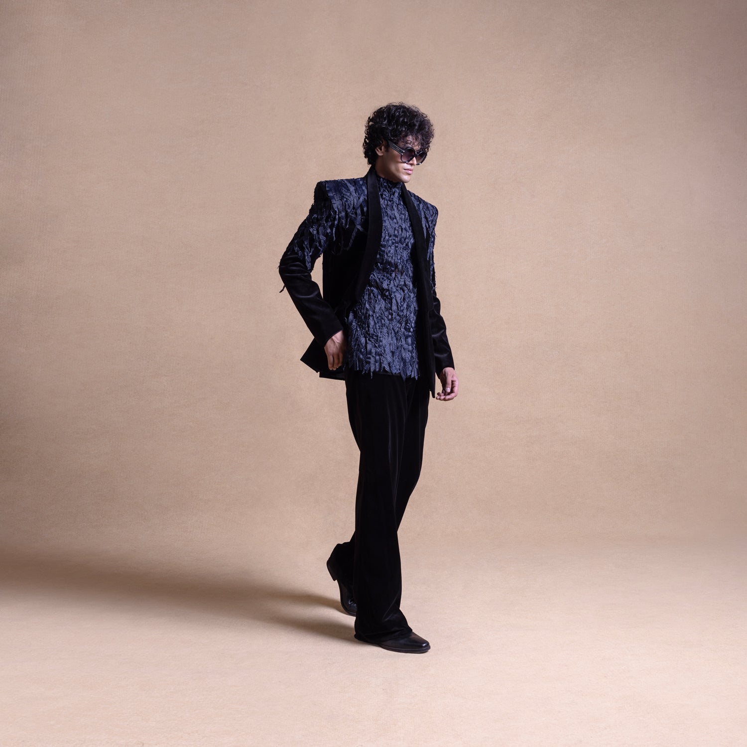 Full-length designer black velvet embroidered outfit for men – statement cocktail jacket set with textured detailing, full-length, Tuxedo, cocktail suit, menswear