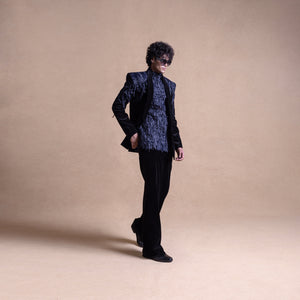 Full-length designer black velvet embroidered outfit for men – statement cocktail jacket set with textured detailing, full-length, Tuxedo, cocktail suit, menswear