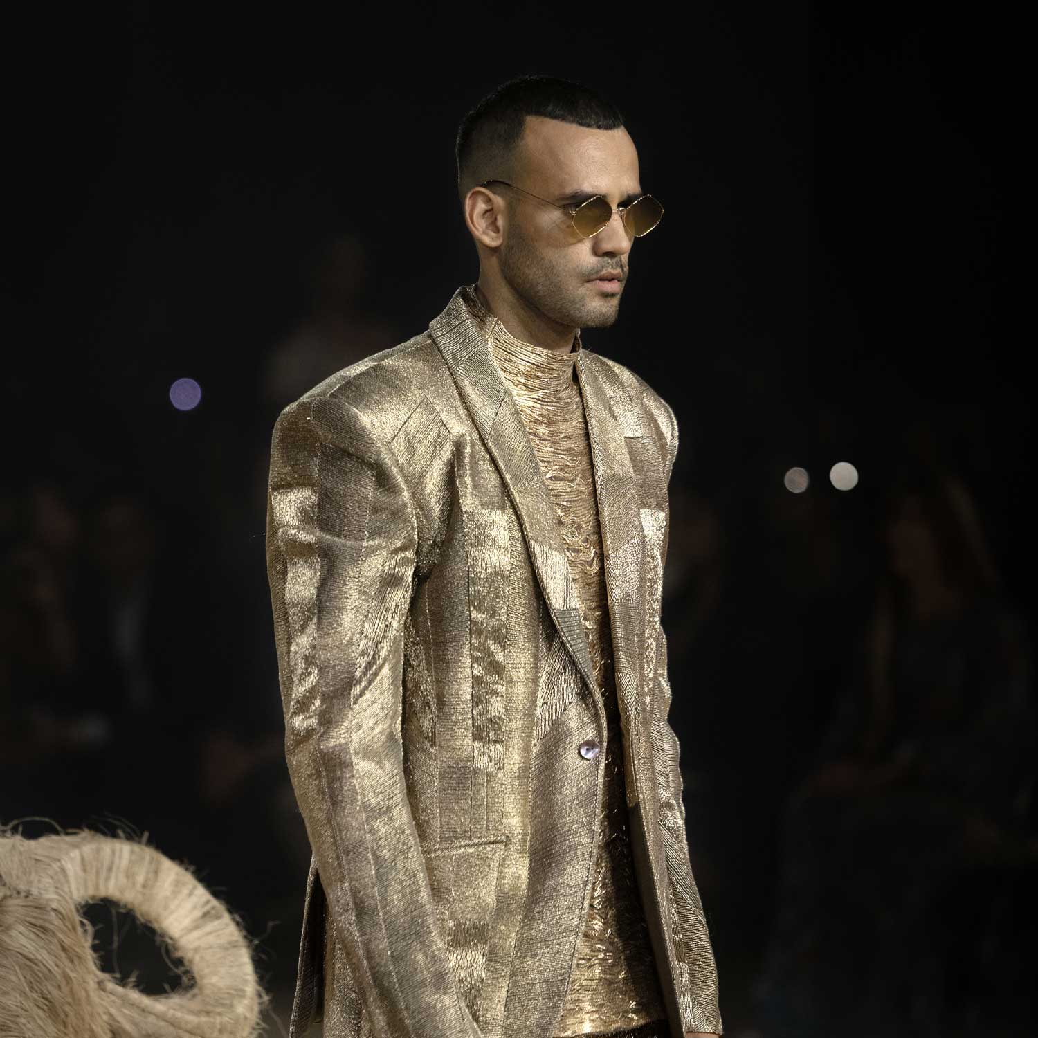 Geometric metallic jacket set with modern pattern. cocktail suit, menswear