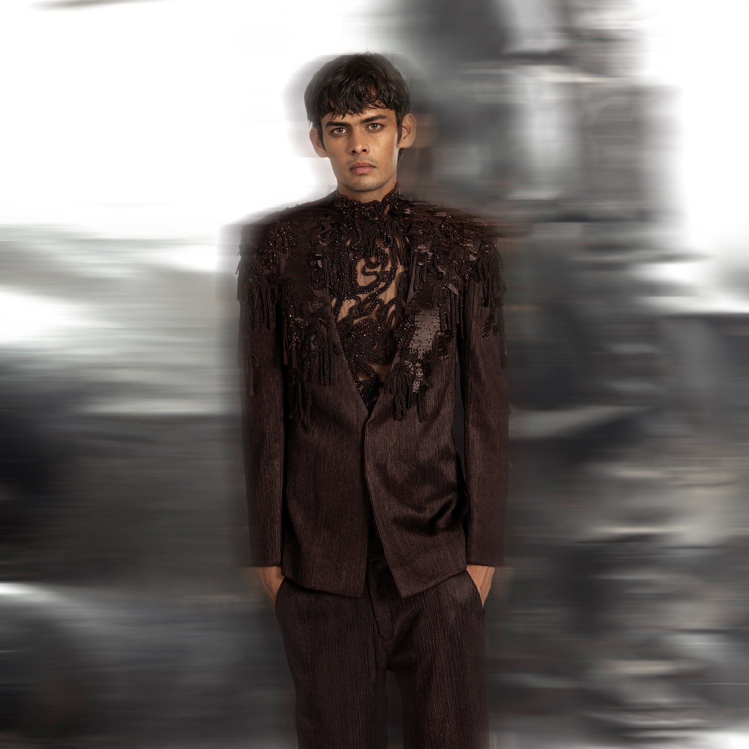 Grouper open chest jacket in a graphic yarn couching – edgy designer menswear with open front, cocktail suit
