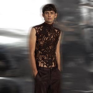 front view of Grouper sheer embroidered high-neck top with sculptural yarn couching – statement sleeveless designer piece for evening wear