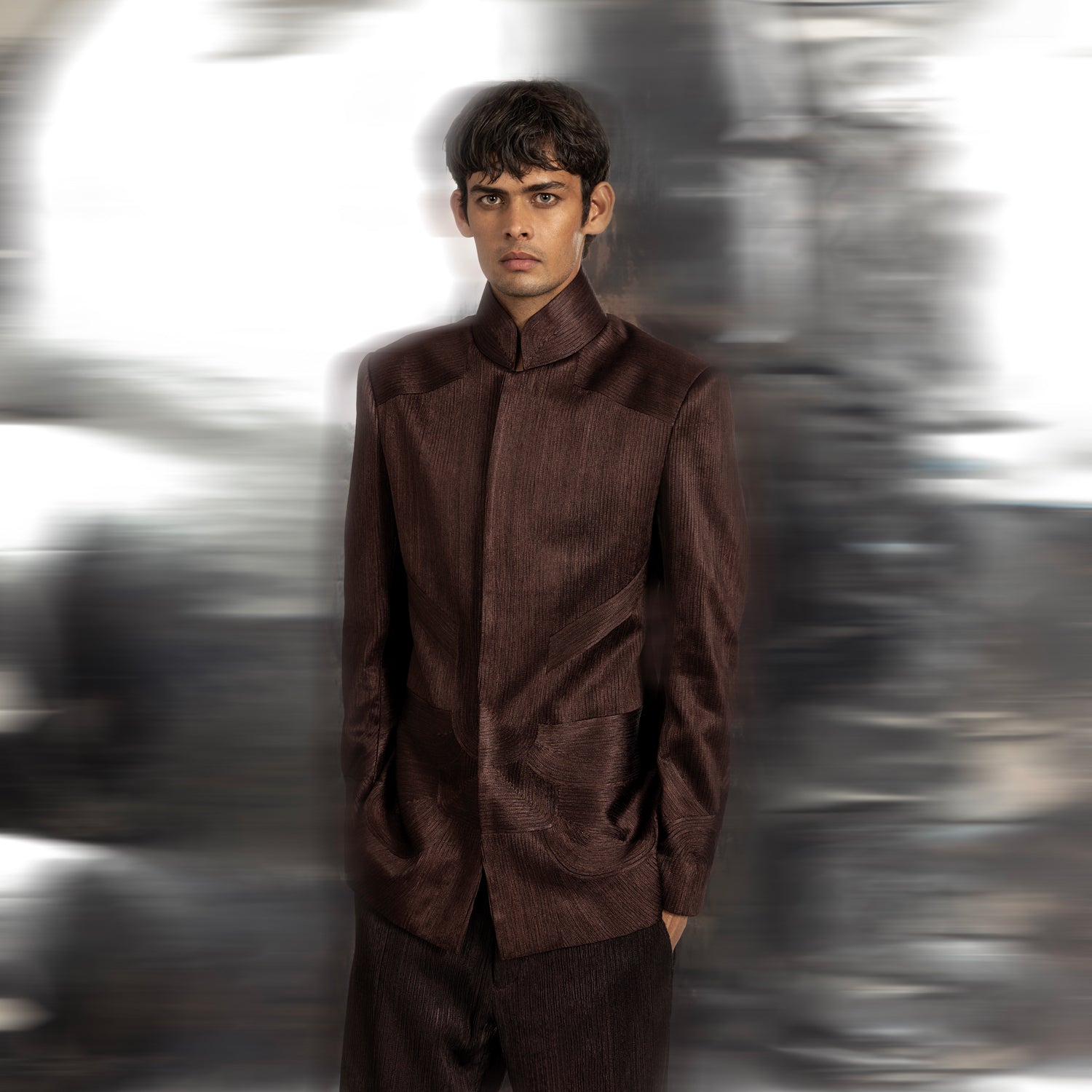Grouper yarn couching Bandhgala paired with suiting draped pants – textural formal fusion menswear,cocktail suit