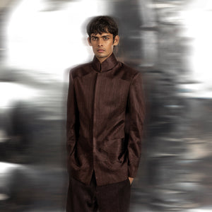 Grouper yarn couching Bandhgala paired with suiting draped pants – textural formal fusion menswear,cocktail suit