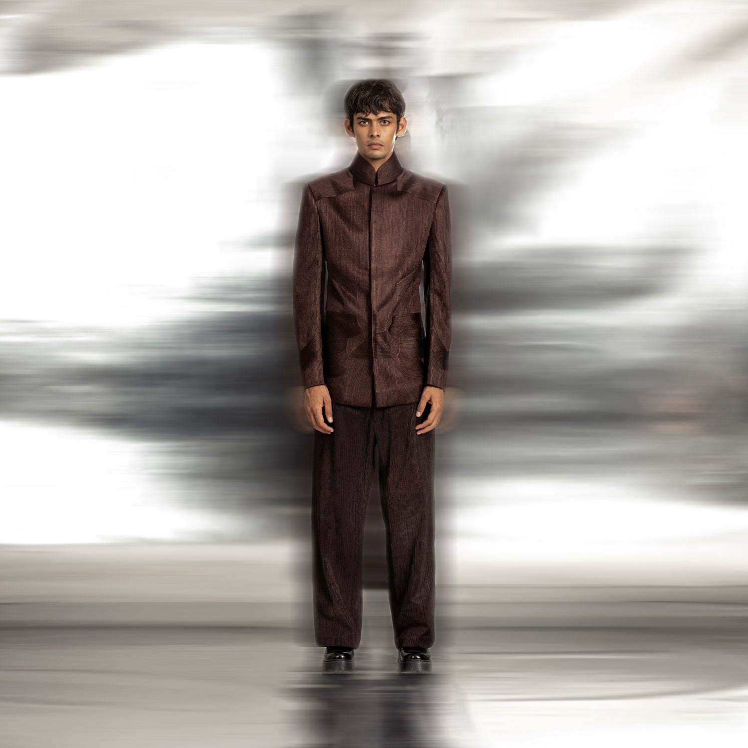 Grouper yarn couched Bandhgala with structured silhouette and wide-leg trousers – formal cocktail suit with textured tailoring
