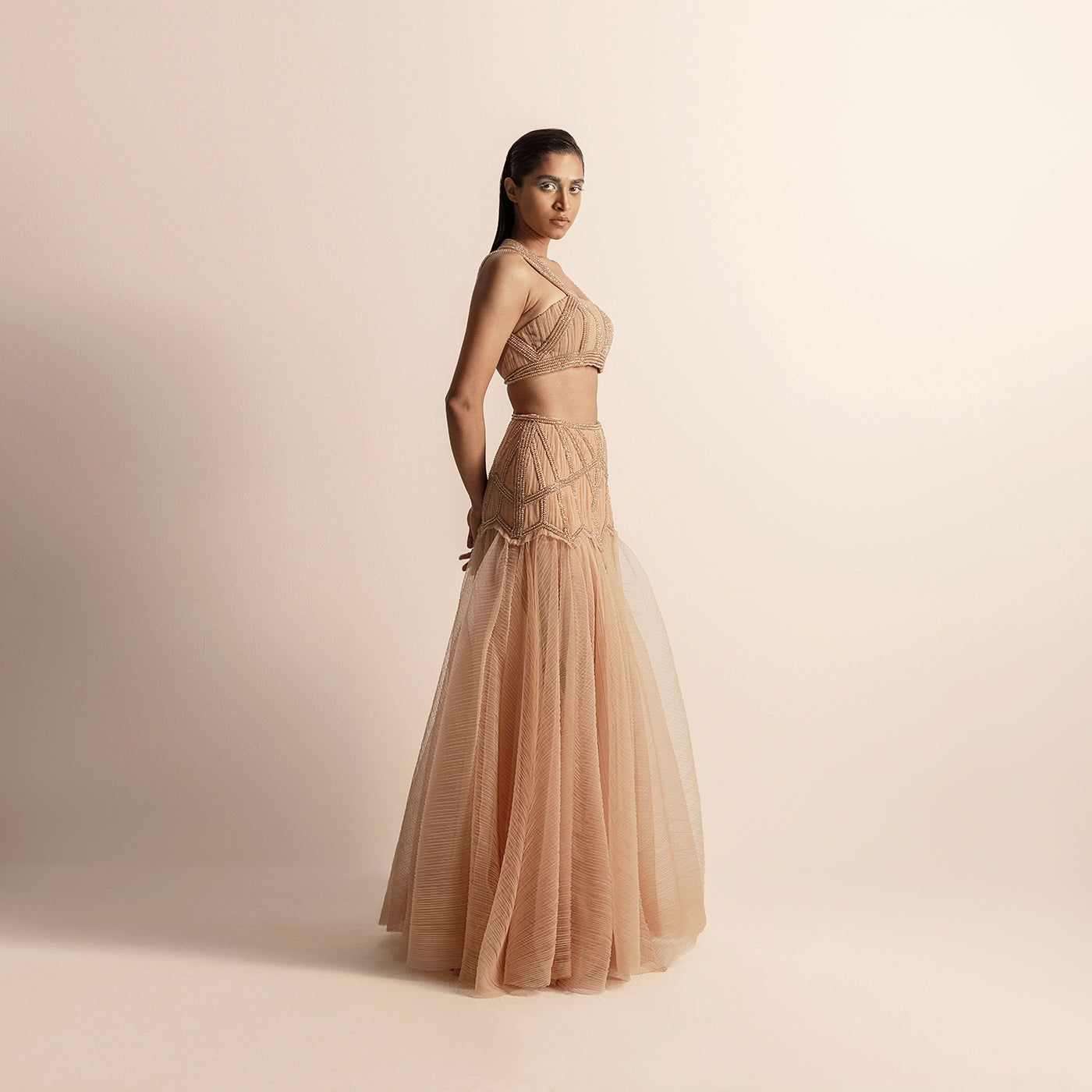 HEAT TEXTURED FLOUNCY EMBELLISHED SKIRT WITH 3D EMBELLISHED CROPPED BLOUSE