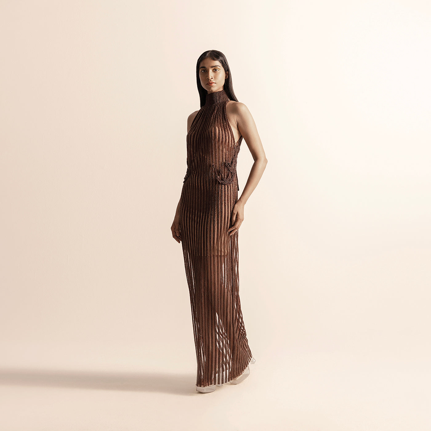 HIGH COLLAR INCUT SLEEVE 3D EMBELLISHED SHIFT DRESS