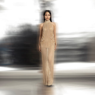 front view of Women's high collar shift gown with incut sleeves and vertical linear texture – modern minimalist evening look, high collar gown