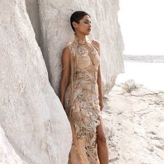 High halter neck embellished gown with long trail – showstopper evening dress, reception gown.