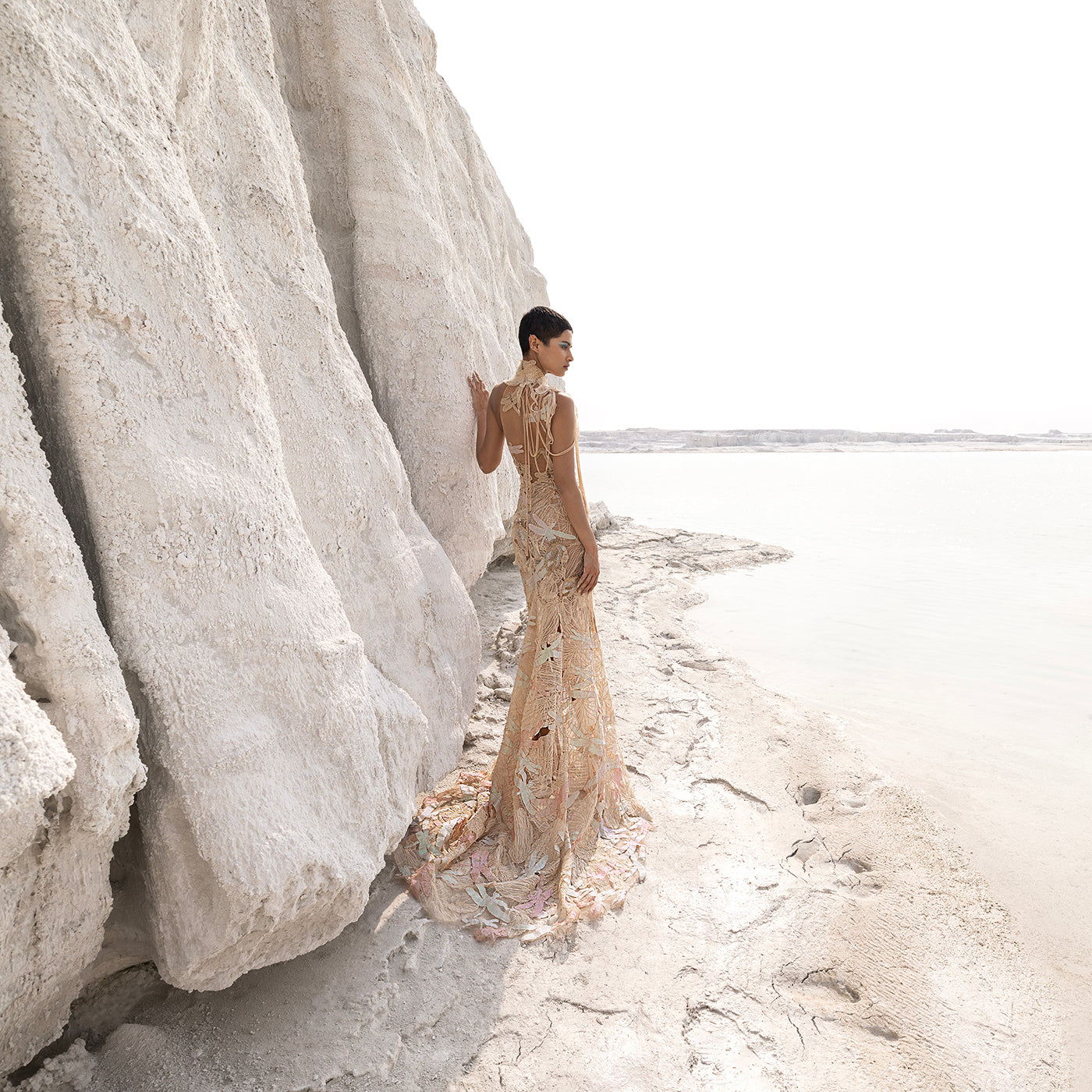 Back view of high halter neck embellished gown with long trail – showstopper reception dress,  reception gown, evening wear back, formal dress