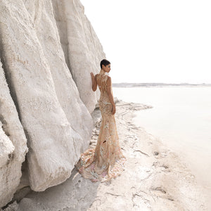 Back view of high halter neck embellished gown with long trail – showstopper reception dress,  reception gown, evening wear back, formal dress