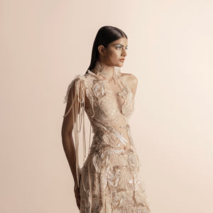 Close-up of high halter neck embellished gown with cutouts – showstopper evening look,  evening wear detail, formal gown, intricate embellishment