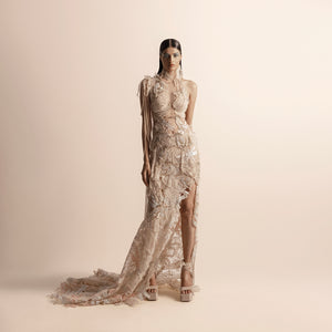  Full view of high halter neck embellished gown with high slit and trail – showstopper evening dress, halter neck gown, embellished dress, high slit gown,