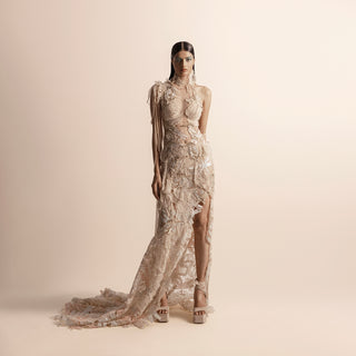  Full view of high halter neck embellished gown with high slit and trail – showstopper evening dress, halter neck gown, embellished dress, high slit gown,