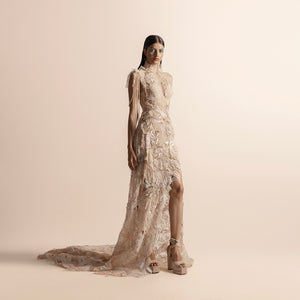 High halter neck embellished gown with high slit and trail – showstopper reception look, halter neck gown, embellished dress, high slit gown, long train dress