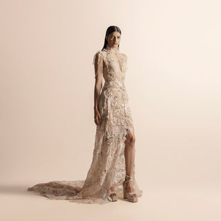 High halter neck embellished gown with high slit and trail – showstopper reception look, halter neck gown, embellished dress, high slit gown, long train dress
