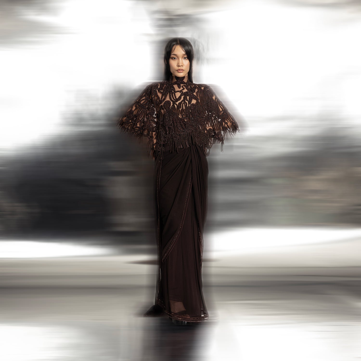High neck 3D embellished cape with pre-pleated chiffon saree and optional embellished belt – fusion couture ensemble, cape, pre pleated draped saree