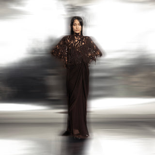 High neck 3D embellished cape with pre-pleated chiffon saree and optional embellished belt – fusion couture ensemble, cape, pre pleated draped saree