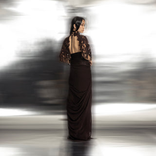 Women's backless chiffon saree with reef motif cape – contemporary black drape for elevated evening wear