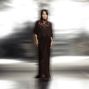 full body shot of Women's black chiffon pre-draped saree with reef-inspired embroidered cape – statement evening fusion look