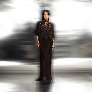 full body shot of Women's black chiffon pre-draped saree with reef-inspired embroidered cape – statement evening fusion look