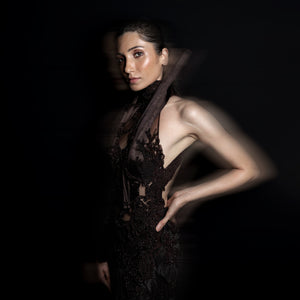 Women's reef-inspired halter gown with high sculpted collar and intricate side cut-outs – designer cocktail and reception wear