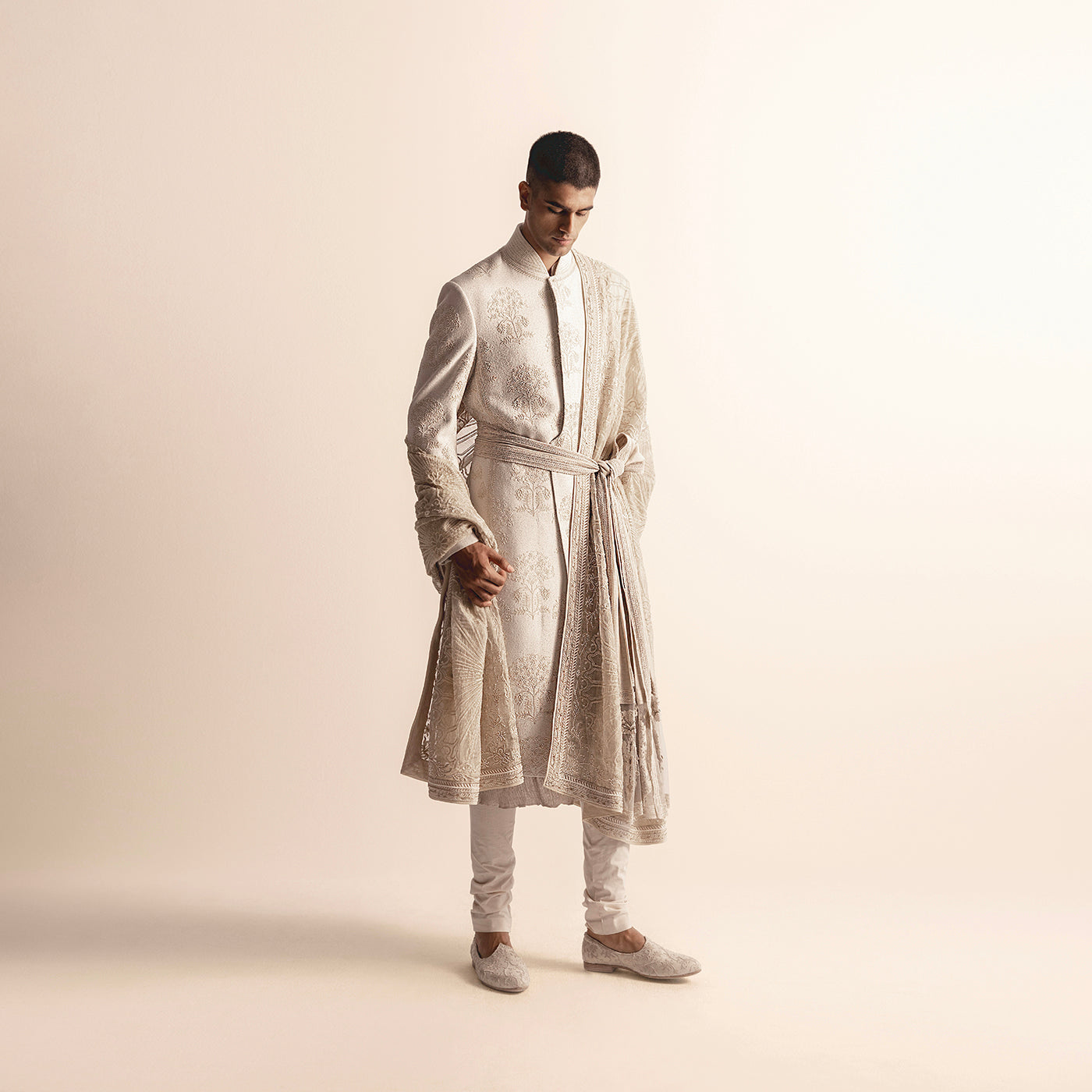 Matka silk sherwani with pearl embroidery – handcrafted groomwear, menswear.