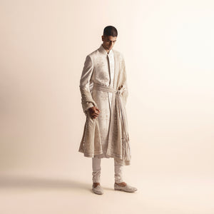Matka silk sherwani with pearl embroidery – handcrafted groomwear, menswear.