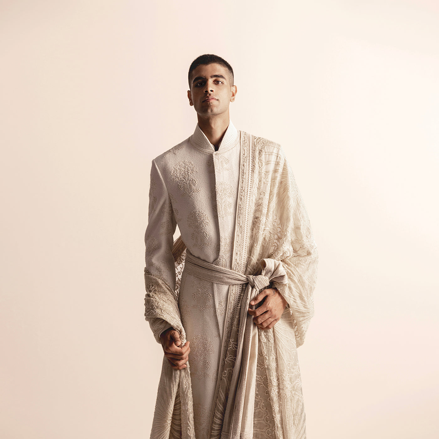 Men's Matka silk sherwani with tonal pearl embroidery and draped stole for handcrafted groom styling -  pearl embroidery, groom stole, artisanal menswear, wedding 