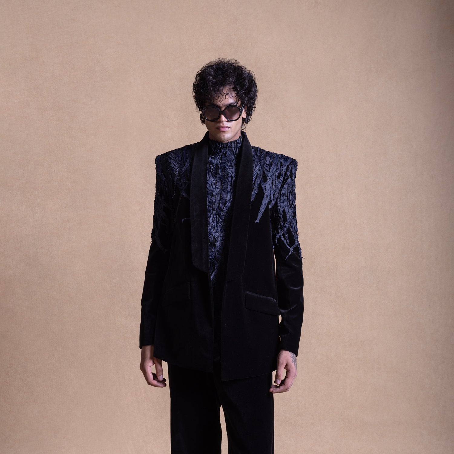 Black velvet men's suit with textured detailing and sculpted embroidery, styled – Tuxedo, cocktail suit, menswear, luxury evening wear