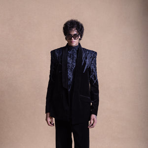 Black velvet men's suit with textured detailing and sculpted embroidery, styled – Tuxedo, cocktail suit, menswear, luxury evening wear
