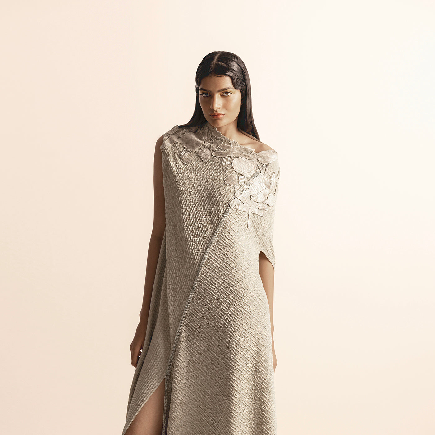 Nadru asymmetrical knit draped dress with embellished strings and yarn motifs – fashion-forward drape dress