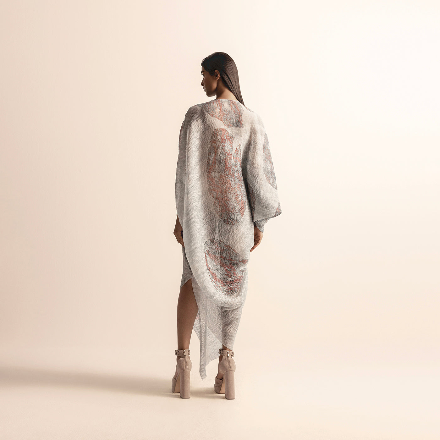 back view of Women's Nadru printed heat-textured kaftan with asymmetrical hem and back drape detail -  heat texture, printed kaftan