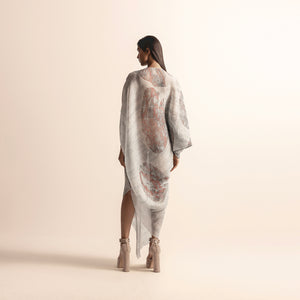 back view of Women's Nadru printed heat-textured kaftan with asymmetrical hem and back drape detail -  heat texture, printed kaftan