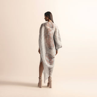 back view of Women's Nadru printed heat-textured kaftan with asymmetrical hem and back drape detail -  heat texture, printed kaftan