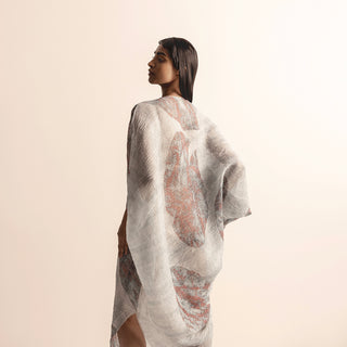 backside view of Women's Nadru graphic printed kaftan with flowing asymmetric hem and textured sheer fabric - sheer fabric, Nadru print, lightweight drape