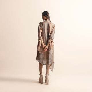 ack view of Nadru print A-line dress with tie-up sleeve detail and sheer asymmetrical hem – soft feminine layering, Nadru print dress, back view dress, tie-up sleeve detail