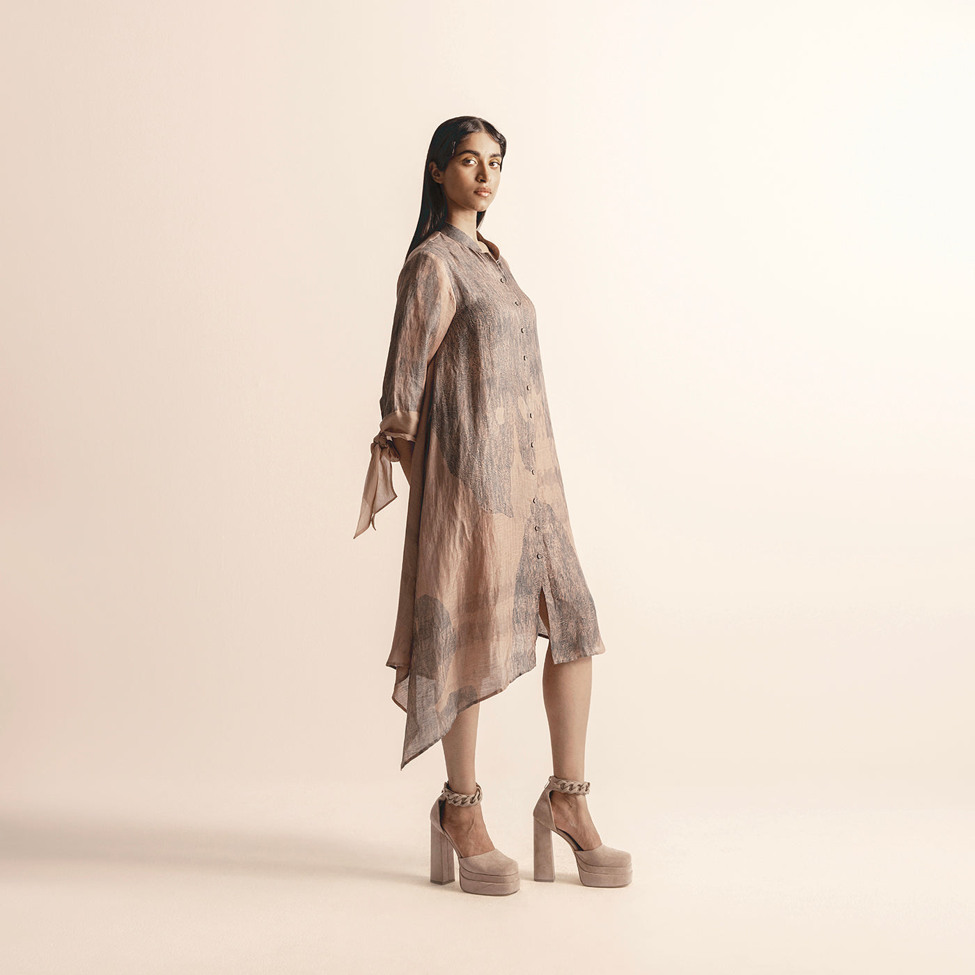 Women's Nadru print A-line dress with tie-up sleeves and asymmetrical hem – feminine A-line silhouette