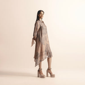 Women's Nadru print A-line dress with tie-up sleeves and asymmetrical hem – feminine A-line silhouette