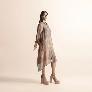 Women's Nadru print A-line dress with tie-up sleeves and asymmetrical hem – feminine A-line silhouette