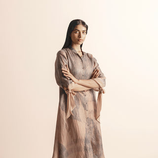 Women's Nadru printed A-line dress with tie-up sleeves and button-down front –  button-down dress, artistic womenswear