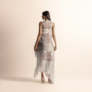 back view of Women's graphic printed sleeveless Nadru dress with sheer heat - sleeveless dress, sheer fabric