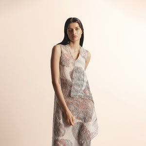 omen's sleeveless Nadru printed draped dress with heat texture and soft V-neck – lightweight artistic tunic, V-neck dress